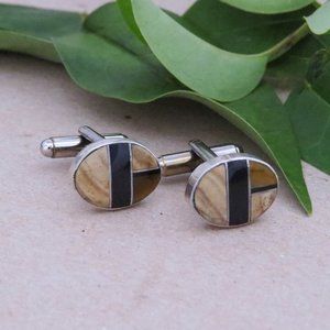 Oval Cuff Links Picture Jasper Tiger Eye Black Onyx Inlay Sterling Silver